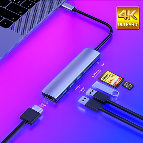 USB 3,1 tipo-C a HDMI Adaptador 4K Thunderbolt 3, USB-C con Hub 3,0 SD TF lector PD para MacBook Pro/Air/Huawei Mate ► Foto 1/6