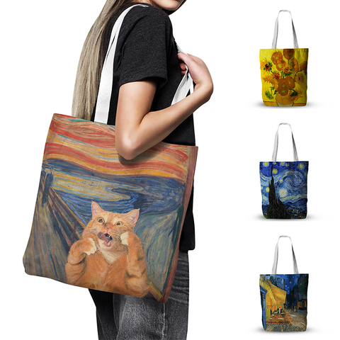 Bolso de lona con pintura al óleo de Van Gogh para mujer, bolsa de compras reutilizable de noche estrellada con flor de Iris, Retro, informal, bolso de hombro femenino ► Foto 1/6