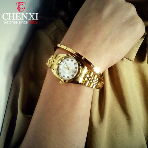 CHENXI de lujo de las mujeres relojes de señoras reloj de cuarzo de moda para las mujeres de oro de acero inoxidable relojes Casual mujer reloj xfcs ► Foto 1/6