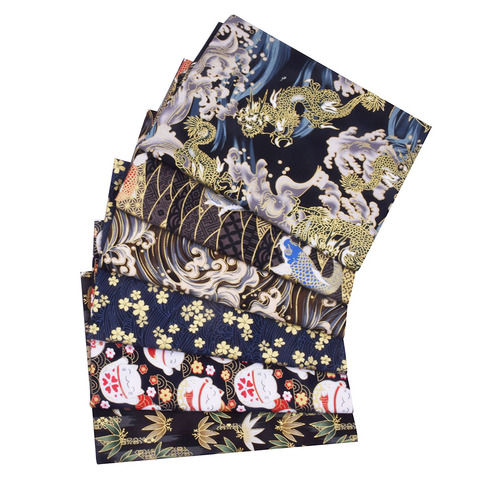 Tela de algodón Kimono japonés, paño para coser muñecas y bolsos, retazos de costura, negro, azul marino, Gato de La Fortuna, flores de mariposa ► Foto 1/5