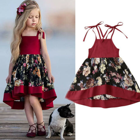 Vestido de verano para niñas pequeñas, ropa con tirantes, estampado Floral rojo, vestidos de fiesta de princesa, ropa infantil Niña ► Foto 1/6