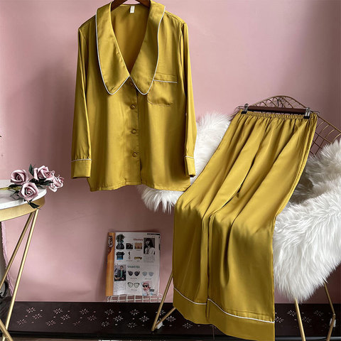 Lisacmvpnel-pijamas de seda de hielo para mujer, pantalones de manga larga para primavera y otoño, ropa de casa francesa elegante ► Foto 1/6