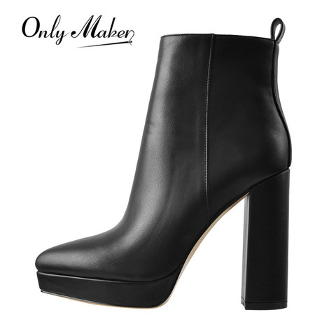 Onlymaker-Botines de tacón redondo para mujer, Botines de tacón redondo con punta potiada en color negro mate de 12CM, botas gruesas de fiesta, botas cortas de talla grande ► Foto 1/6