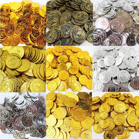 Moneda de oro pirata de plástico para niños, 100 Uds., monedas de nombre, gemas, material para Fiesta infantil, decoración de Navidad, juguetes para niños de 2022 y 5w ► Foto 1/6