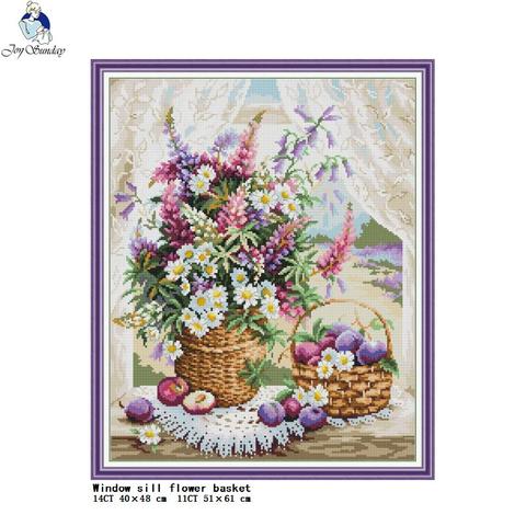 Cesta de flores en el alféizar de la ventana, kit de punto de cruz contada, conjunto de bordado de 14ct y 11CT, kit de costura artesanal, pintura para decoración del hogar ► Foto 1/6