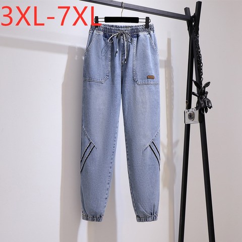 Pantalones vaqueros bombachos de talla grande para mujer, Vaqueros holgados con cinturón de bolsillo de algodón, color azul, 3XL, 4XL, 5XL, 6XL, 7XL, otoño e invierno, Nuevos ► Foto 1/6