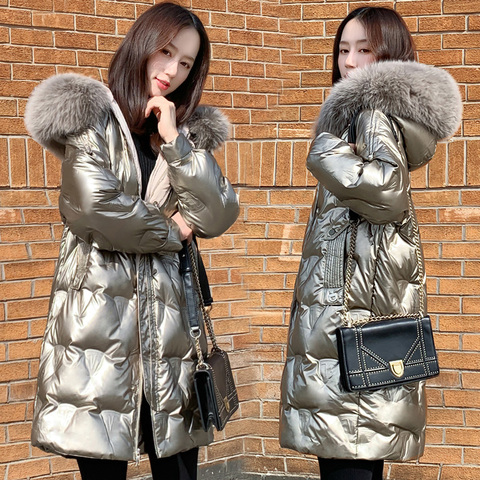 Parkas cálidas de plumón dorado brillante para mujer, chaqueta gruesa de marca a la moda, con cuello de piel grande, F857 ► Foto 1/6