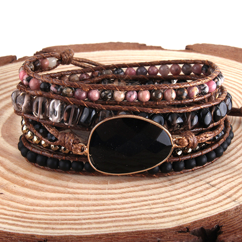 RH-pulsera bohemia de moda con cuentas, brazalete negro con piedras naturales, brazalete tejido ► Foto 1/6