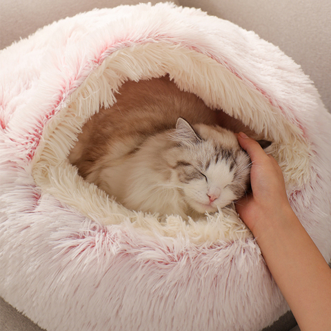 Cama cálida para perros y gatos, cojín redondo largo de gato de peluche, cueva para gatitos y mascotas, cesta de dormir para gatos, nido de Chihuahua ► Foto 1/6