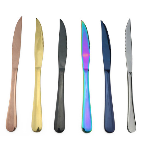6 uds brillante colorido cubertería de acero inoxidable Arco Iris rosa fuerte filete de cena cuchillo juego de vajilla de cuchillos de mesa juego de platería ► Foto 1/6