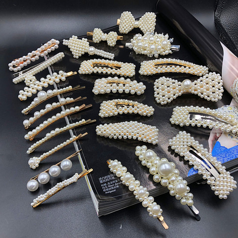 Pinzas para el pelo geométricas elegantes íntegramente con perlas para niña y mujer, horquilla para el pelo, pasador, accesorios para el cabello, 1 ud. ► Foto 1/6