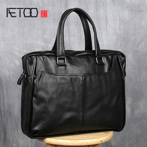 AETOO-Bolso de mano de cuero para hombre, Maletín de negocios, informal, con capa frontal, bandolera de hombro Horizontal, para ordenador, Ba ► Foto 1/6