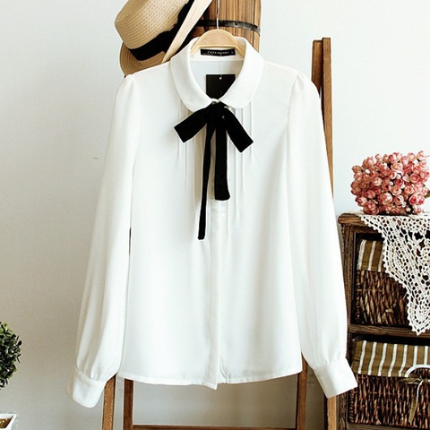 Blanco de la moda blusas gasa negra damas Tops camisa mujer 2 estilo corbata Pan arco escuela Peter blusa Casual Collar elegante ► Foto 1/6