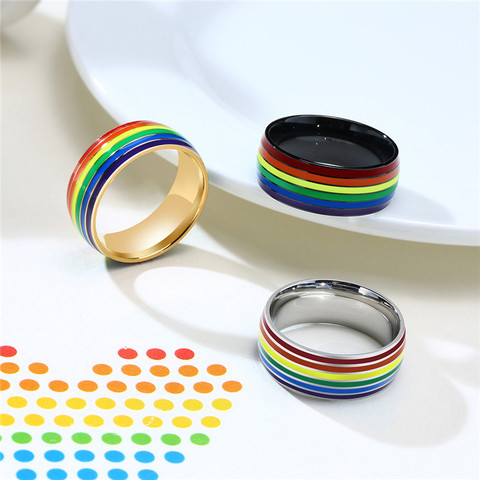 Modyle-anillo clásico de acero inoxidable Unisex, banda de boda de Orgullo LGBT, con líneas de arcoíris, para hombres y mujeres ► Foto 1/6