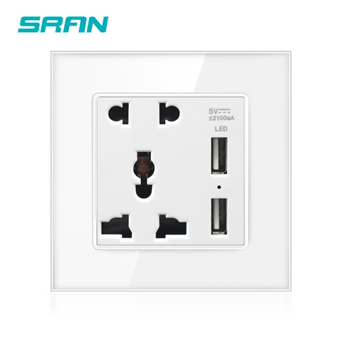 SRAN universal 5 toma corriente de pin con USB puerto usb dual 5V 2.1A de cristal colorido de panel de vidrio templado 86mm * 86mm usb de pared hembra ► Foto 1/6