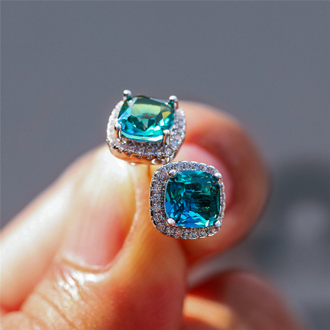 Pendientes de lujo con piedra azul cuadrada para mujer, aretes de boda dobles de circón lindo, aretes de tuerca simples de Color plateado para mujer ► Foto 1/6