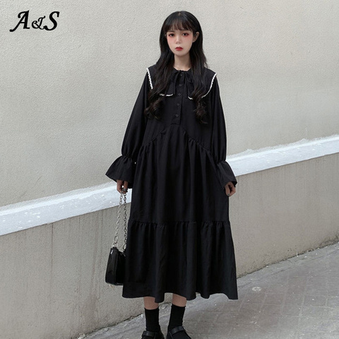 Anbenser manga larga acampanada vestido Lolita mujeres muñeca Collar botones elegante Harajuku negro suelto de encaje de moda de media pantorrilla Vestidos ► Foto 1/6