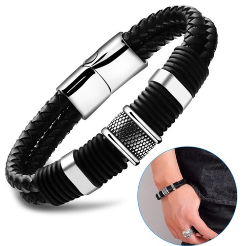 Brazalete de cuero trenzado negro/café para hombre y mujer, pulsera de acero inoxidable de titanio, joyería para hombre, regalo de San Valentín ► Foto 1/6