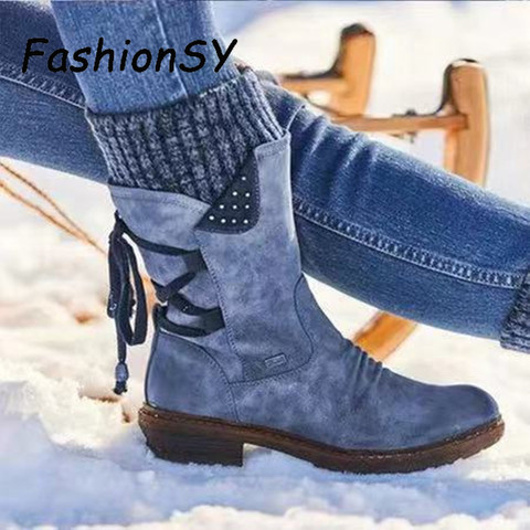 Botas de nieve de punta estrecha con cordones para mujer, zapatos planos Vintage, diseño de telas combinadas de punto, tacón cuadrado, botas de media caña para invierno ► Foto 1/6