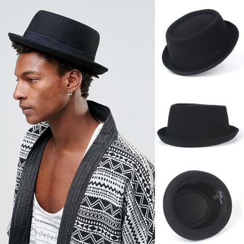 3 Stlye-Sombrero de lana de 100% para hombre, sombrero de Pie de cerdo para papá, Fedora negra para caballero, Bowler plano, Porkpie, Jazz, S, M, L, XL, 4 tamaños ► Foto 1/6