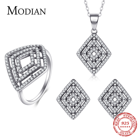 Modian-Conjunto de joyería de boda de lujo para mujer, collar, pendiente de tuerca y anillo de Plata de Ley 925 con rombos ► Foto 1/4