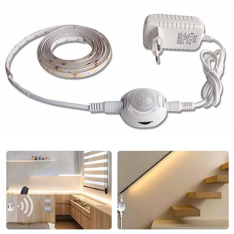 Tira de luces LED Sensor de Movimiento PIR inalámbrico, 12V, impermeable, encendido/apagado automático, lámpara de luz para armario de cocina, 5M + adaptador ► Foto 1/6