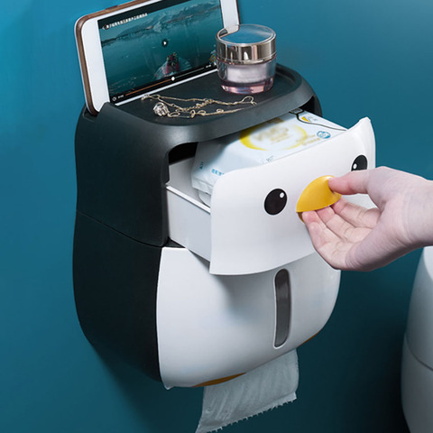 Caja de pañuelos para el baño impermeable con pingüino, soportes de papel higiénico de doble capa, cajas de almacenamiento con cajón, estante de papel en rollo para el hogar ► Foto 1/1