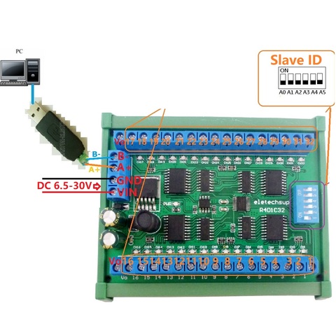 Caja de riel RS485, controlador Modbus RTU, módulo de controlador de 300MA para interruptor de relé PLC, Motor LED, DC 6,5-30V, 32ch DIN35 C45 ► Foto 1/6