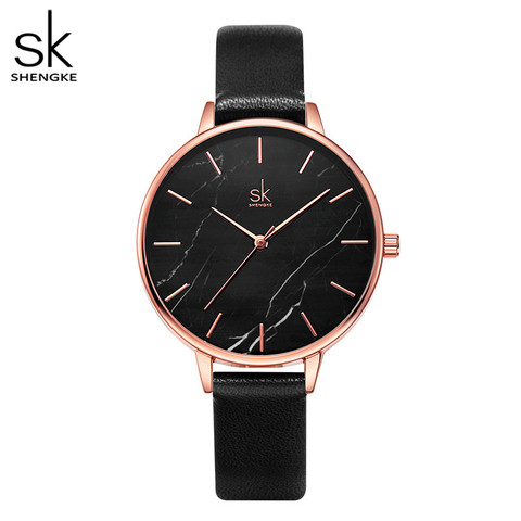 Shengke-Reloj de cuarzo con esfera de mármol negra para Mujer, nuevo accesorio de moda, de cuero, informal, con correa fina ► Foto 1/6