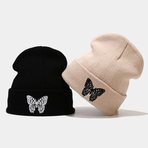 Gorros de punto con bordado de mariposa para hombre y mujer, gorros de esquí cálidos, gorros elásticos suaves, gorro deportivo para invierno ► Foto 1/6