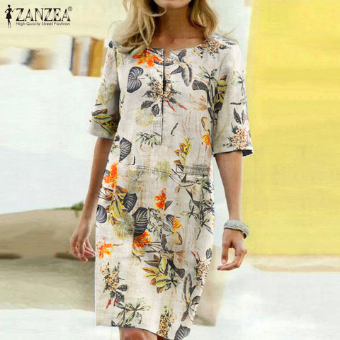 Verano 2022 vestido veraniego bohemio estampado Floral ZANZEA Vintage algodón Lino Vestido corto de fiesta mujeres pantalón corto Casual manga Vestidos 7 ► Foto 1/6