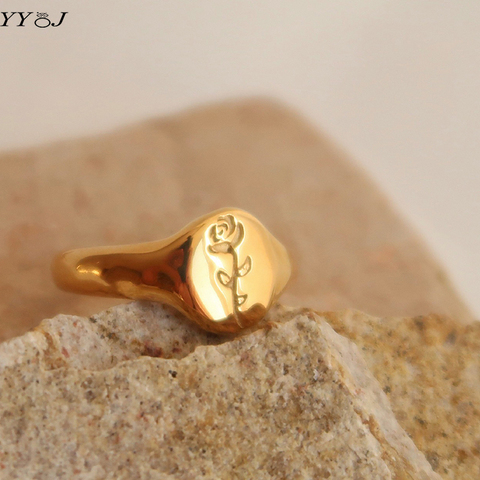 Anillo grabado de oro rosa para mujer, sortija de acero inoxidable, rosa, minimalista delicado, elegante, flor, moda 2022 ► Foto 1/6