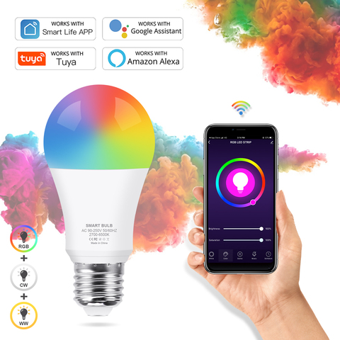 Tuya-Bombilla LED inteligente E27 RGB para el hogar, lámpara blanca, cálida, con temporizador regulable, es compatible con Alexa y Google Home, con WiFi ► Foto 1/6