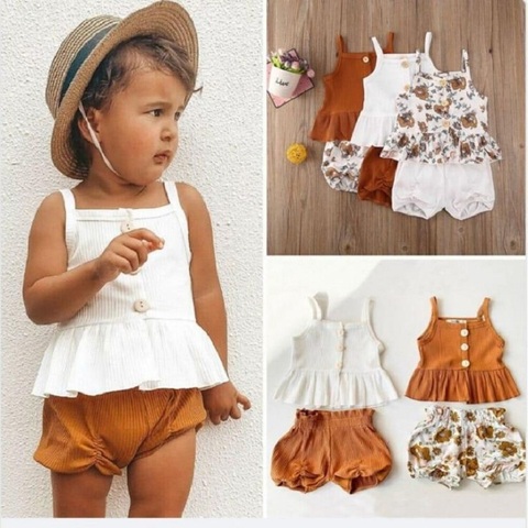 Camiseta de verano de niña conjunto de ropa sin mangas vestido Tank estampado con flores Top + Pantalones cortos bebé traje de niño 2022 niña recién nacida de algodón de los niños de 2 uds ► Foto 1/6