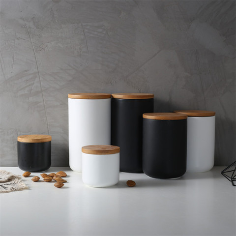 Jarra de cerámica sellada para cocina, recipiente de almacenamiento de sal con tapa de madera, para café y té, color blanco y negro, estilo nórdico ► Foto 1/6