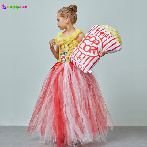 Vestido de tutú con diseño de palomitas de maíz para niñas, tutú de tul rojo y blanco para cumpleaños, disfraz de Halloween para niños, vestido de bola de flores ► Foto 1/6