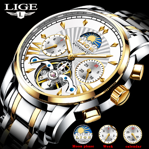 LIGE-Reloj de pulsera de acero inoxidable para hombre, accesorio masculino con mecanismo automático de tourbillon, movimiento visible, diseño de marca de lujo de moda y resistente al agua, 2022 ► Foto 1/6