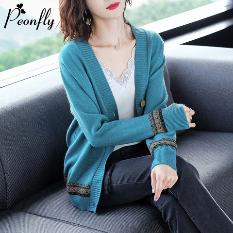 PEONFLY-cárdigan de punto con cuello de pico para mujer, suéter de manga larga informal, abrigo de punto de estilo coreano, color azul y rosa ► Foto 1/6