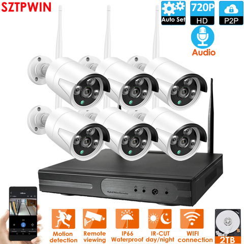 Sistema de videovigilancia de seguridad, Kit NVR inalámbrico de Audio HD, P2P, 1080P, 6 canales, 720P, visión nocturna, IR, interior y exterior, cámara IP de Audio de 1.0MP, WIFI ► Foto 1/6