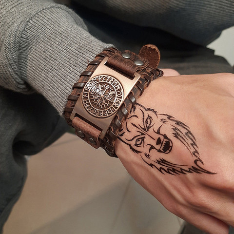 ZORCVENS-brazaletes de brújula Vintage Punk para hombre, runas nórdicas símbolo de Odin Wrap, pulsera vikinga de cuero genuino ► Foto 1/6