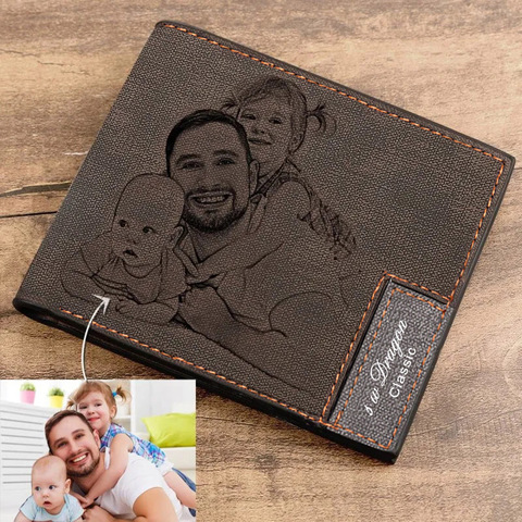 Cartera con imagen personalizada para hombre, Cartera de piel corta ultrafina, a la moda, Simple, Diy, con letras de Imagen personalizada, cartera para fotos, regalo para el Día del Padre ► Foto 1/6