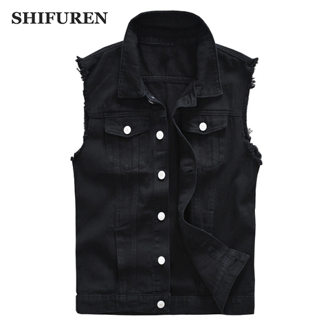 SHIFUREN-Chaqueta sin mangas vaquera rasgada de algodón para hombre, chaleco vaquero negro con una hilera de botones, estilo Hip Hop ► Foto 1/6