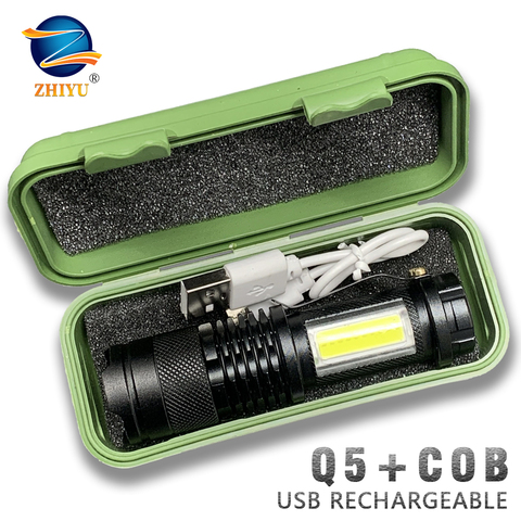 Minilinterna portátil Q5 con batería integrada, lámpara COB de linterna Led con Zoom, 2000 lúmenes, ajustable, resistente al agua, para exteriores ► Foto 1/6