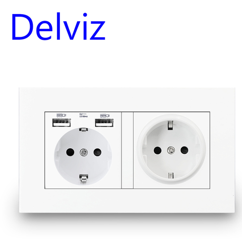 Delviz- Enchufe doble montado en la pared con carga USB, panel de cristal  templado, Toma de corriente 16A disponible para enchufe español, con  puertos