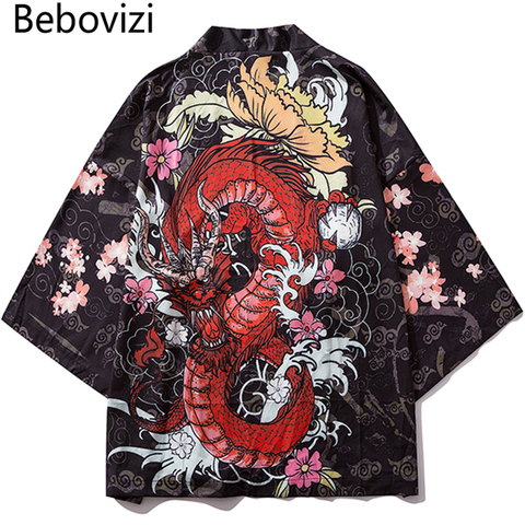 Bebovizi-Kimono negro con dibujo de dragón para hombre, ropa informal japonesa de gran tamaño, prendas de vestir exteriores informales ► Foto 1/6