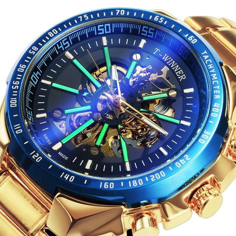 WINNER-reloj mecánico de oro para hombre, accesorio masculino, de lujo, con carcasa grande, a la moda, luminoso, militar, de negocios, Top azul y plateado ► Foto 1/6