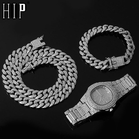 Joyería con circonia cúbica hip hop para hombre, collar grueso + reloj + pulsera Miami, cadena cubana, color plata, con diamantes de imitación incrustados ► Foto 1/6