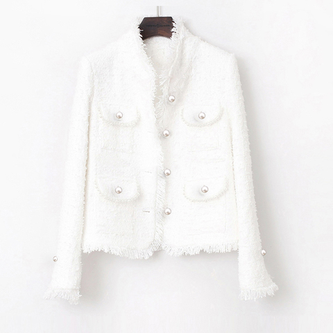 Chaqueta de tweed blanco incrustaciones de perlas de bolsillo 2022 otoño/invierno las mujeres chaqueta nueva slim adelgazante tweed abrigo chaqueta Mujer ► Foto 1/6