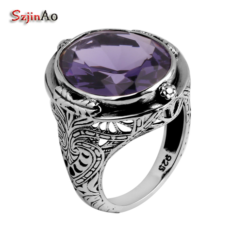 Szjinao-Anillo de amatista púrpura para hombre y mujer, anillos de plata 925 de piedras preciosas Unisex, diseño de flor hecho a mano, joyería Vintage, regalo para esposa ► Foto 1/6