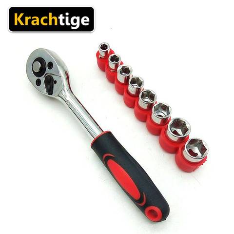 Krechtige 1/4 pulgadas Juego de Llave de trinquete de torsión herramienta de reparación para vehículo bicicleta juego de llave de enchufe herramienta + 8 clavijas ► Foto 1/4